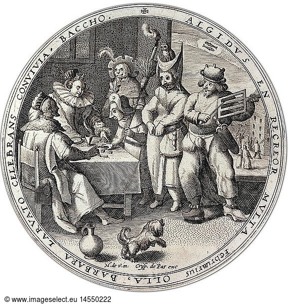 fine arts  Marten de Vos (1532 - 1603)  print  copper engraving  'Februarius' (February)  diameter 12 cm  private collection