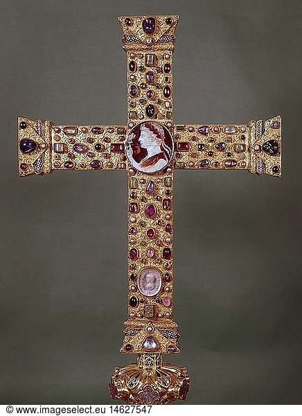 fine arts  Middle Ages  craft  Lothair cross  Cologne  circa 1000 AD  gold and precious stones  cathedral treasure  Aachen