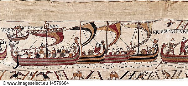 fine arts  middle ages  romanesque  Bayeux tapestry  Norman  England  circa 1070 - circa 1082  detail  the Norman fleet crossing the English Channel  municipal museum  conquest 1066  invasion  William I 'the conquerer'  viking ships  warships  war  Norman  11th century