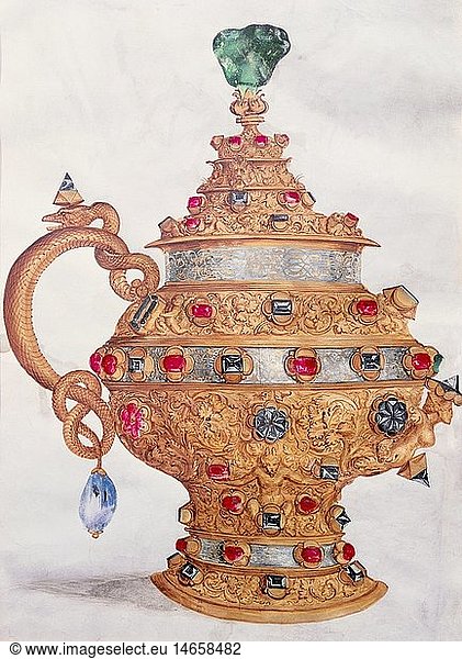 fine arts  Mielich  Hans (1516 - 1573)  painting  pompous vessel  watercolour on vellum  jewel series  from the treasury of the Duke Albrecht V of Bavaria  Munich  Germany  circa 1546 - 1555  Bavarian National Museum