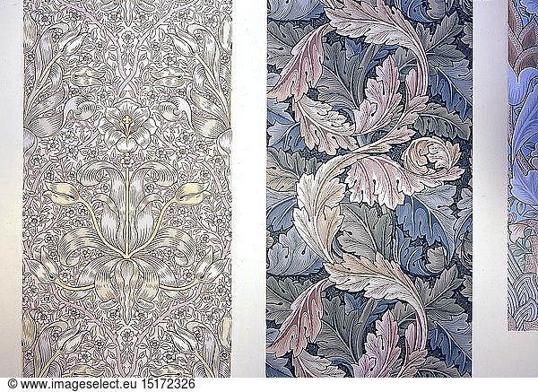 fine arts  Morris  William (1834 - 1896)  wallpaper  two designs with flowers and acanthus  circa 1880  German Wallpaper Museum  Kassel  Germany