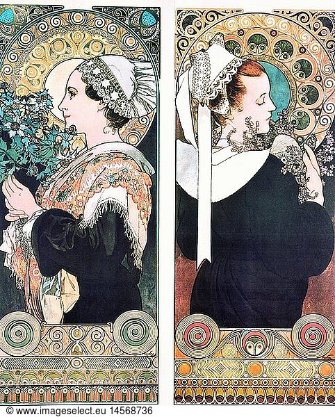 fine arts  Mucha  Alfons  (1860 - 1939)  graphic  'Thistle' and 'Heather'  1901  lithographs