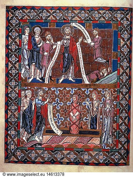 fine arts  religious art  Book of Gospels of Henry the Lion by monk Heriman  miniature  healing of the blind  The Raising of Lazarus of Bethany  Helmarshausen Monastery  circa 1170