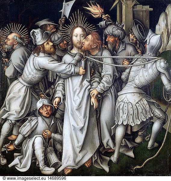 fine arts  religious art  Jesus Christ  passion  panel  'The Flagellation' by Hans Holbein the Elder  circa 1498  scene 'The Betrayal'  88x86 centimeter  princely collections  Donaueschingen  Baden-Wuerttemberg