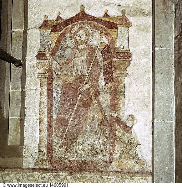 fine arts  religious art  Jesus Christ  portrait  with flag blessing  fresco  choir  13th century  Saint John the Baptist church  Dortmund - Brechten