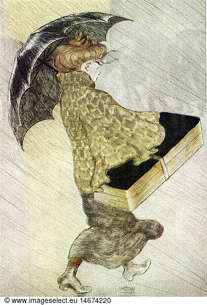 fine arts  Steinlen  Theophile Alexandre (1859 - 1923)  graphic  'Trottin sous la pluie' (In the Rain)  colour etching  gallery of prints  Dresden