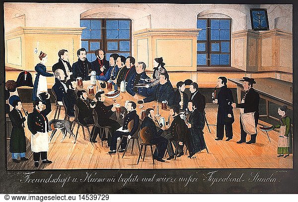 fine arts  Waibel  F.G.  painting  party in a tavern after work  4.4.1838  watercolour  municipal museum  Memmingen