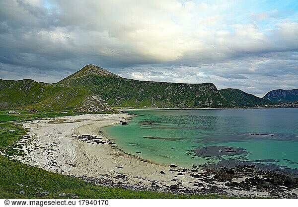 Fine sandy beach with emerald green water  Haukland  Vestvågøy Nordland  Norway  Europe