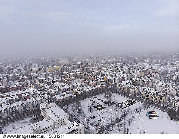 Finland  Kuopio  aerial view of city in snow