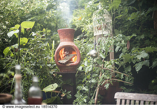 Fire bowl amidst plants in home garden