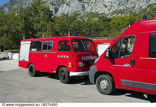 Fire engine and motorhome  Gata  Split-Dalmatia  Dalmatia  Croatia  Europe