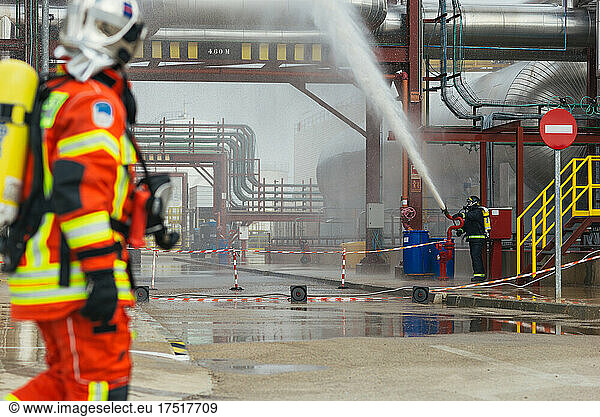 Firefighters Training for fires in a solar thermal plant.