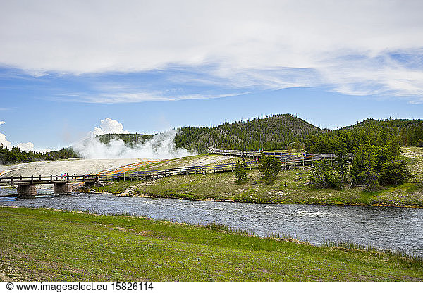 Firehole River and trailhead to Grand Prismatic Spring in Yellowstone
