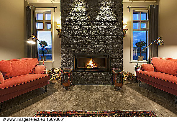 fireplace at lounge at luxury hotel in Iceland