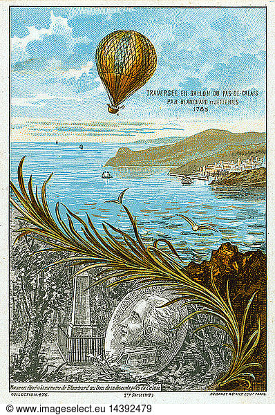 First balloon crossing of English Channel  7 January 1785 by Jean-Pierre Blanchard  French inventor  and American Dr John Jeffries from Dover to Guines  2 hours 30 mins. Chromolithograph c1883. Aeronautics Aviation Ballooning