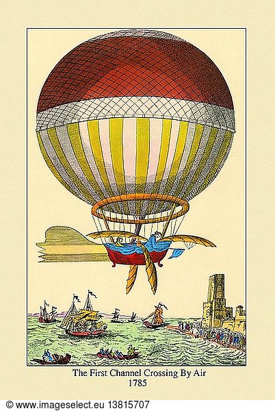 First Channel Crossing by Air  1785 - Ballon with paddles Crosses the English Channel in Illustration with ships below