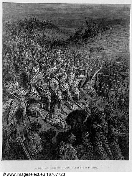 First Crusade 1096–1099 / Battle of Dorylaeum on 1 July 1097. “Les Bataillons Musulmans culbutés par le duc de Lorraine . (Crusader victory over the army of the sultan). Woodcut after G.Doré (1832–83). From: J.
Michaud  Histoire des croisades  Paris 
1877  vol. 1  plate after p. 58.