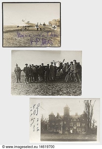 First Lieutenant Max Immelmann (1890 - 1916) - a signed photograph  of his Fokker E IV 127/15 and two picture postcards with Immelmann's autographs. The Fokker with double MG on a field in front of a hangar with Immelmann in the cockpit (8.8 x 11.4 cm). On the lower edge in purple indelible pencil the note 'My new Fokker - best  Max'. Picture postcard with German soldiers in front of Immelmann's Fokker E / or III  on the back in ink the remark 'a stopover on 14th Jan. 16 due to lack of fuel. (In the field hospital  where I had lunch  a dessert was served called 'burning aircraft')'  the second picture postcard shows ChÃ¢teau Remy  where Immelmann had his stopover and which housed field hospital no. 6  on the back the note 'emergency landing near ChÃ¢teau Remy on 14th Jan. 16.'. The Fokker E IV was developed in 1915  but only came into use at the front in April 1916  a delay which was due to its faulty MG synchronising gear. historic  historical  people  1910s  20th century  troop  troops  armed forces  military  militaria  army  wing  group  air force  air forces  object  objects  stills  clipping  clippings  cut out  cut-out  cut-outs  photograph  photo  photographs  memory  memories  memoria  memorabilia  memento