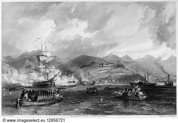 FIRST OPIUM WAR  1840. The British capture of Ting Hai (or Dinghai) on the island of Zhoushan  China  on Hangzhou Bay  5 July 1840  during the First Opium War. Steel engraving  English  1843  after a drawing by Thomas Allom.
