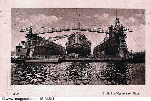 First World War / WWI  naval warfare  German dreadnought SMS 'Helgoland' in the dock after the Battle of Jutland  Imperial dockyard  picture postcard  postmarked 23.8.1916  naval battle  naval battles  battle  battles  Skagerrak  dockyard  dockyards  dry dock  dry docks  reparation  repair  ship of the line  warship  warships  navy  Imperial German Navy  German Empire  GER  WW1  10s  20th century  1910s  world war  world wars  naval war  naval wars  dock  docks  picture postcard  picture postcards  historic  historical