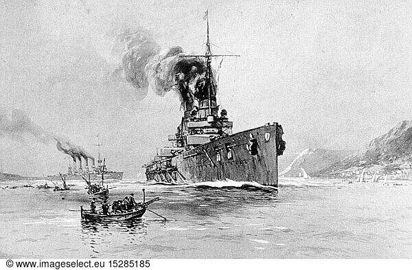 First World War / WWI  naval warfare  the German ships SMS Goeben and SMS Breslau leaving Messina  Sicily  1.8.1914  postcard after illustration by Willy Stoewer  1914 / 1915  Imperial German Navy  Mediterranean Division  man-of-war  warship  warships  great cruiser  battle cruiser  Moltke-Class  Moltke class  Italy  Mediterranean Sea  escape  Germany  German Empire  Imperial Era  military  armed forces  naval forces  navy  1910s  10s  20th century  people  first  1st  world war  world wars  naval war  naval wars  ships  ship  leaving  leave  postcard  postal card  postcards  postal cards  historic  historical  Stoewer  Stöwer  Stower