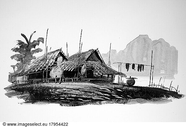 Fische in einem Fischerdorf  Fischerboot  Historische Landschaft in Südostasien  Lackbild aus dem 19. Jahrhundert aus Laos  Historisch  digital restaurierte Reproduktion einer Vorlage aus dem 19. Jahrhundertestaurierte Reproduktion einer Vorlage aus dem 19. Jahrhundert
