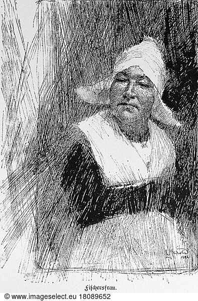Fischersfrau  Fischer  Seitenblick  ernst  Kragen  Kopfbedeckung  Portrait  historische Illustration von 1897  Amsterdam  Niederlande  Europa