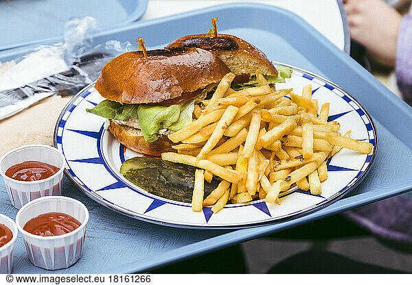 Fish sandwich with pickles and french fries in plate kept on tray