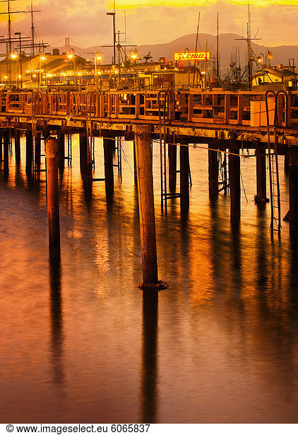 Fisherman''s Wharf at dusk.