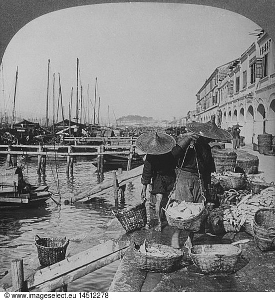 Fishermen and Boats in Harbor  Macau  Single Image of Stereo Card  1910