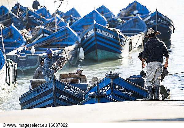 Fishermen bringing blue boats onto pier