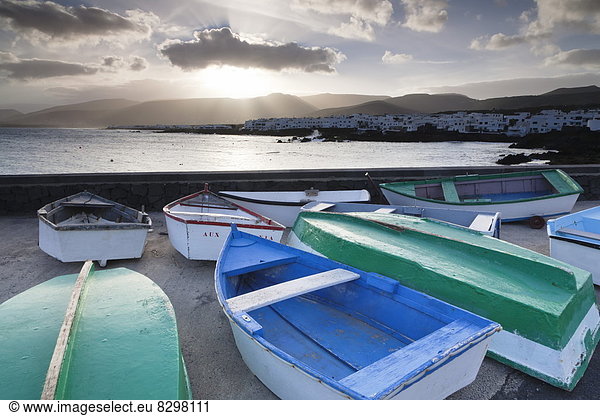 Fishing boats and harbour of Punta Mujeres  Lanzarote  Canary Islands  Spain  Atlantic  Europe