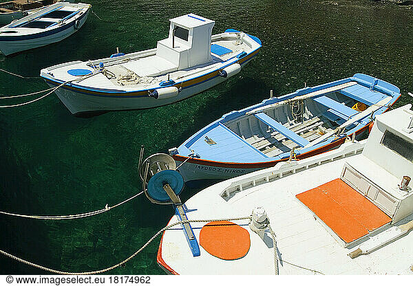 Fishing Boats in Harbor  Thirasia  Santorini  Cyclades Islands  Greece