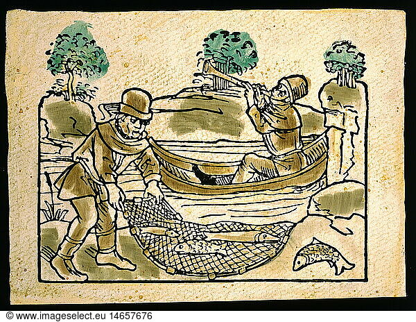 fishing  fisherman is alluring the fish with a flute  woodcut  Augsburg circa 1500