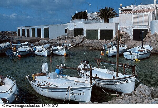Fishing Harbour  Biniancolla  Menorca  Balearic Islands  Spain  fishing harbour and old boathouses  Balearic Islands  Spain  Europe  landscape format  horizontal  Europe