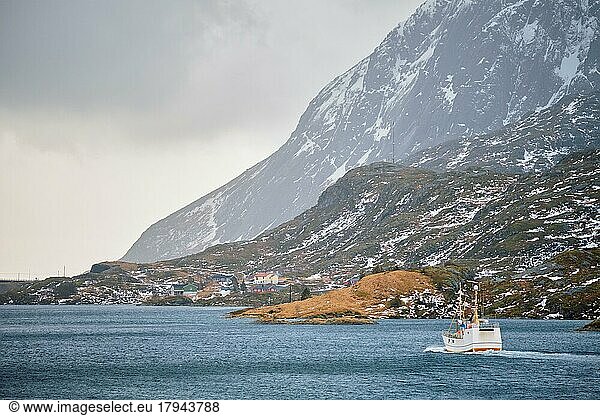 Fishing ship boat in Norwegian fjord. Lofoten islands  Norway  Europe