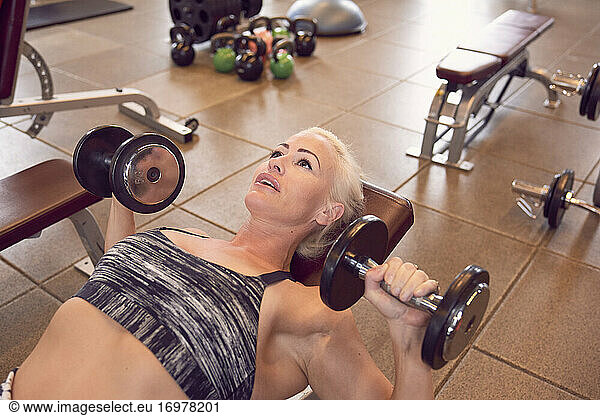 Fit woman doing bench press workout with dumbbells