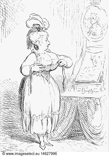 Fitzherbert  Maria Anne  26.7.1756 - 27.3.1837  morganatic wife of King George IV of Great Britain 1785 - 1811  full length  caricature  drawing by James Gillray  13.10.1791