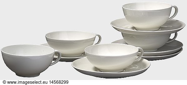 Five cups with saucers  of the PMA tea service. White glazed porcelain. Each piece bears the manufacturer's mark 'SS Allach' in underglaze green on the bottom. Height of the cups 4 cm  diameter of the saucers 14.5 cm. Cf. further parts of the tea service in Hermann Historica  auction 53  lot 3114. historic  historical  1930s  1930s  20th century  dish  dishes  cup  cups  object  objects  stills  clipping  clippings  cut out  cut-out  cut-outs