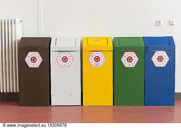 Five recycling bins at Technical university