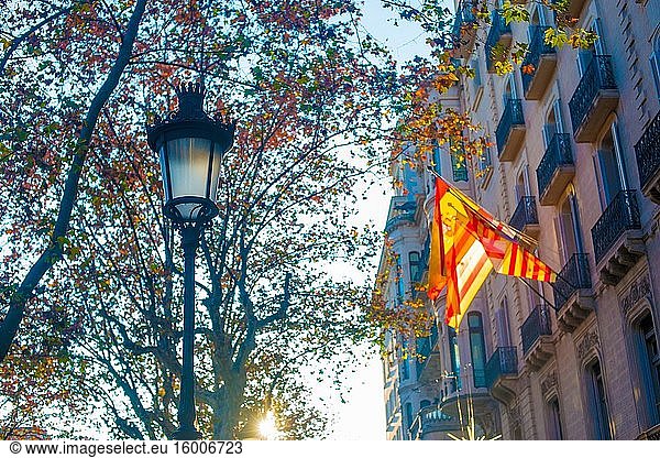 Flag in Tourists destination Barcelona  Spain. Barcelona is known as an Artistic city located in the east coast of Spain.