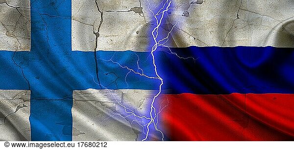 Flag of Russia vs Finland  concept of confrontation between Russia and Finland  cracked wall with flag of russia and finland  confrontation between russia vs finland