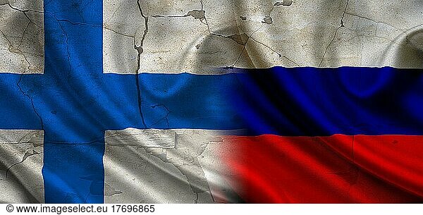 Flag of Russia vs Finland  concept of confrontation between Russia and Finland  cracked wall with flag of russia and finland  confrontation between russia vs finland