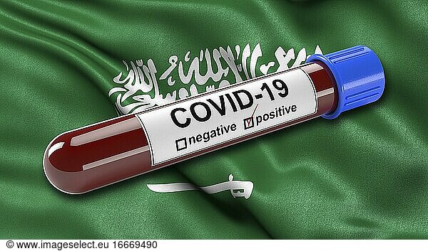 Flagge von Saudi-Arabien  wehend  mit einem positiven Covid-19-Blutreagenzglas  3-D-Illustration