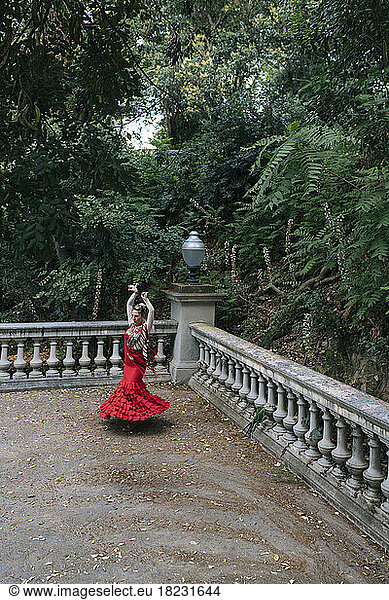 Flamenco dancer dancing in front of trees