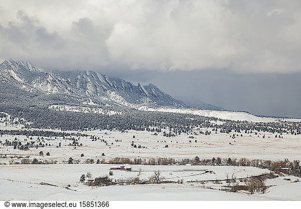 Flatirons in snow outside Boulder  Colorado