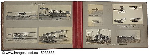 FLIEGERTRUPPE  Fotoalbum Marineflieger-Station WarnemÃ¼nde Das beschriftete Album mit ca. 180 hervorragenden Aufnahmen (Format Ã¼berwiegend 10 x 15 cm bis 14 x 21 cm) der deutschen Marine-Fliegertruppe  fÃ¼nf weitere Fotos lose anbei. Doppeldecker vieler Typen  Luftaufnahmen von militÃ¤rischen Einrichtungen und Ortschaften an der Nordsee bis zum Baltikum (Insel FÃ¶hr und Sylt  Helgoland  Norderney  Ã–sel und RunÃ¶  Kurland  Estland und Finnland). Gruppenaufnahme mit Orden  Flieger mit Sonderbemalung  Kennungen  Technik (Kompass)  Cockpit-Aufnahmen  Luftbilder der dt. Flotte. Aufnahme der Flugzeuge vom Typ Oertz-Flugboote  Gotha-GroÃŸflugzeug  Staaken  Dornier und weiterer Hersteller. Gute Technik- und Fliegerfotos sowie die seltene Fotografie eines 'Ehrenpreises fÃ¼r die Vernichtung eines Flugzeuges fÃ¼r Marineflieger'  viele handschriftliche Beschreibungen. MaÃŸe des Albums 50 x 32 x 6 cm. Auf dem GelÃ¤nde 'Hohe DÃ¼ne' bei WarnemÃ¼nde an der Ostsee wird 1913 mit dem Aufbau eines FliegerstÃ¼tzpunktes begonnen. WÃ¤hrend des 1. Weltkrieges entsteht dort ein Seeflug-Versuchskommando. Hauptaufgabe ist die PrÃ¼fung neuer Flugzeugtypen  Waffen und AusrÃ¼stungen. Abgebildet im Fotoalbum somit die modernste Flugzeugtechnik seiner Zeit  damit auÃŸerordentlich selten.