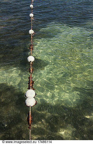 Floats in water marking the swimming area in the sea