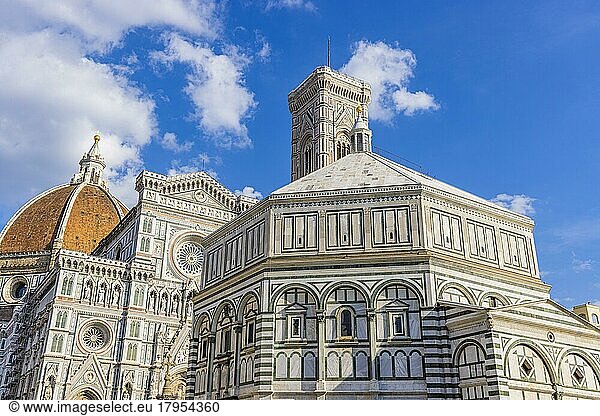 Florence Cathedral with dome  campanile and coloured marble façade  Florence  Tuscany  Italy  Europe