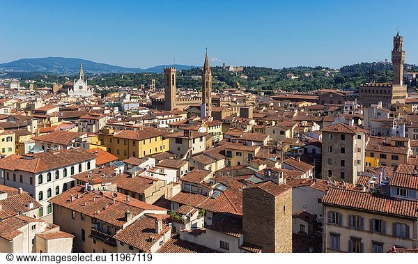 Florence  Florence Province  Tuscany  Italy. High view over the town. Santa Croce church far left and Palazzo Vecchio far right. The historic centre of Florence is a UNESCO World Heritage Site.